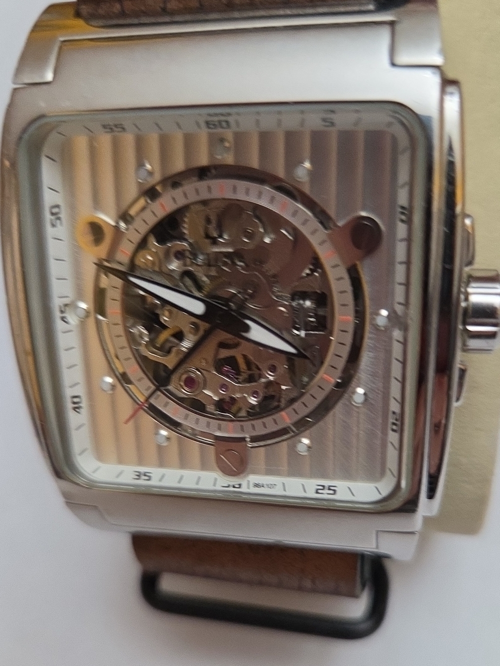 BULOVA Skeleton Dial Square Stainless Steel Watch with NATO Brown Leather Strap